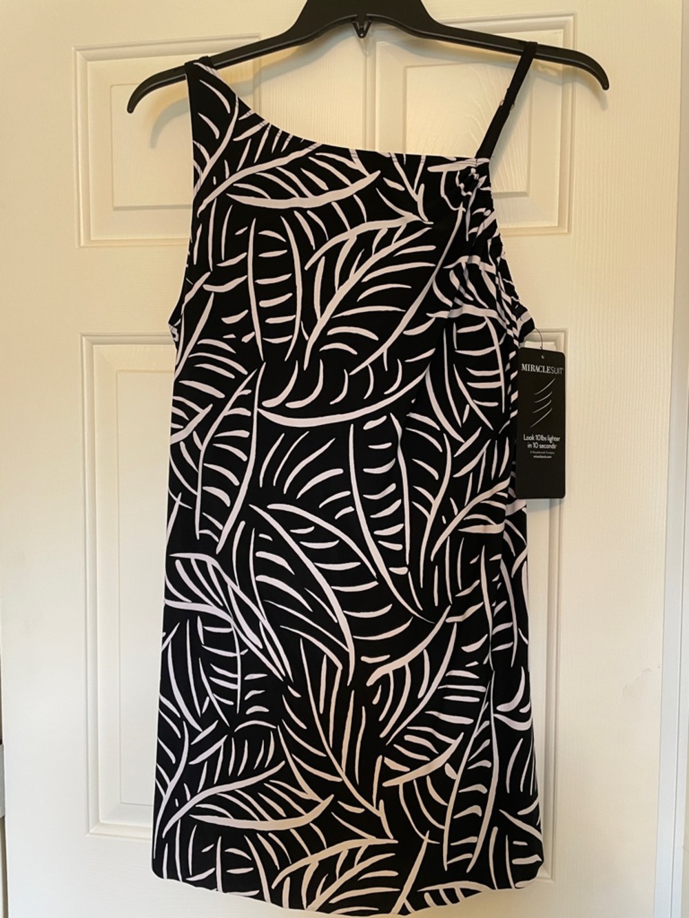 Miraclesuit Black & White One-Shoulder Leaf-Print Swim Dress